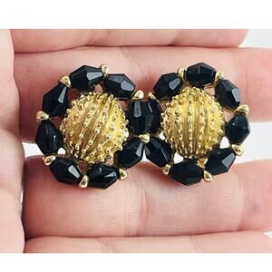 Vintage Crown Trifari Gold Tone Black Clip Earrings Round Flower Lucite Pinecon